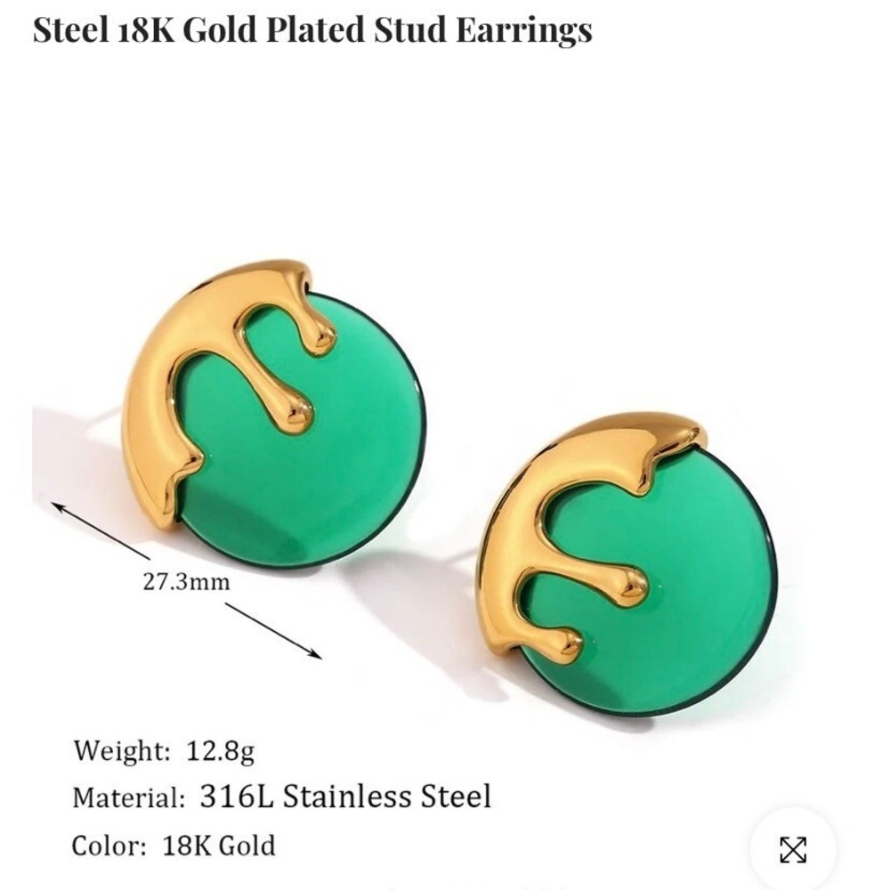 18K Gold Plated Stainless Steel Green Round Gold Drip Stud Earrings